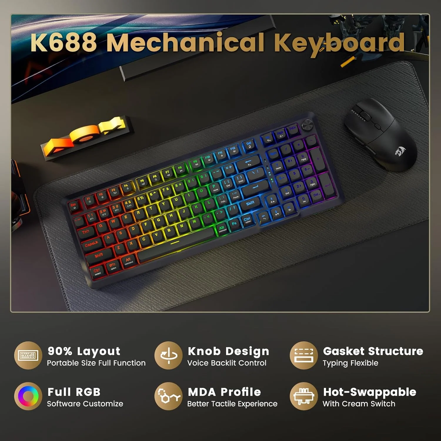 Redragon Wireless Mechanical Keyboard, 3 Mode Gasket Mounted RGB Gaming Keyboard with Volume Knob - Image 8