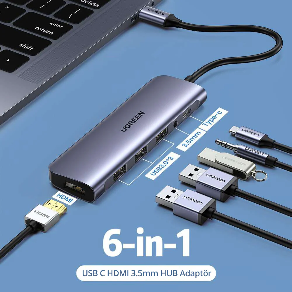 UGREEN CM136 USB-C to 3×USB-A 3.0+HDMI+AUX 3.5mm (2-in-1)+USB-C PD Multifunction Adapter - Image 2