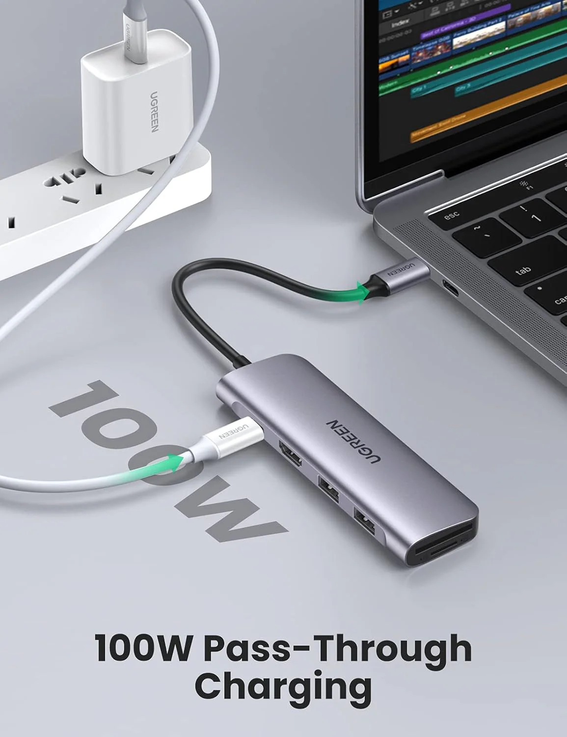 UGREEN CM195 USB-C to 2 Ports USB3.0-A Hub + HDMI + TF/SD with PD Power Supply (Space Gray) - Image 5