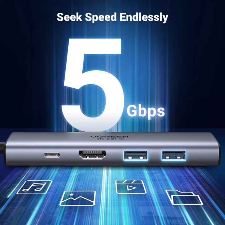 UGREEN CM511 6-in-1 USB-C To HDMI 4K@60Hz + 2*USB-A 3.2+2*USB 3.2 C+PD Power Converter - Image 2