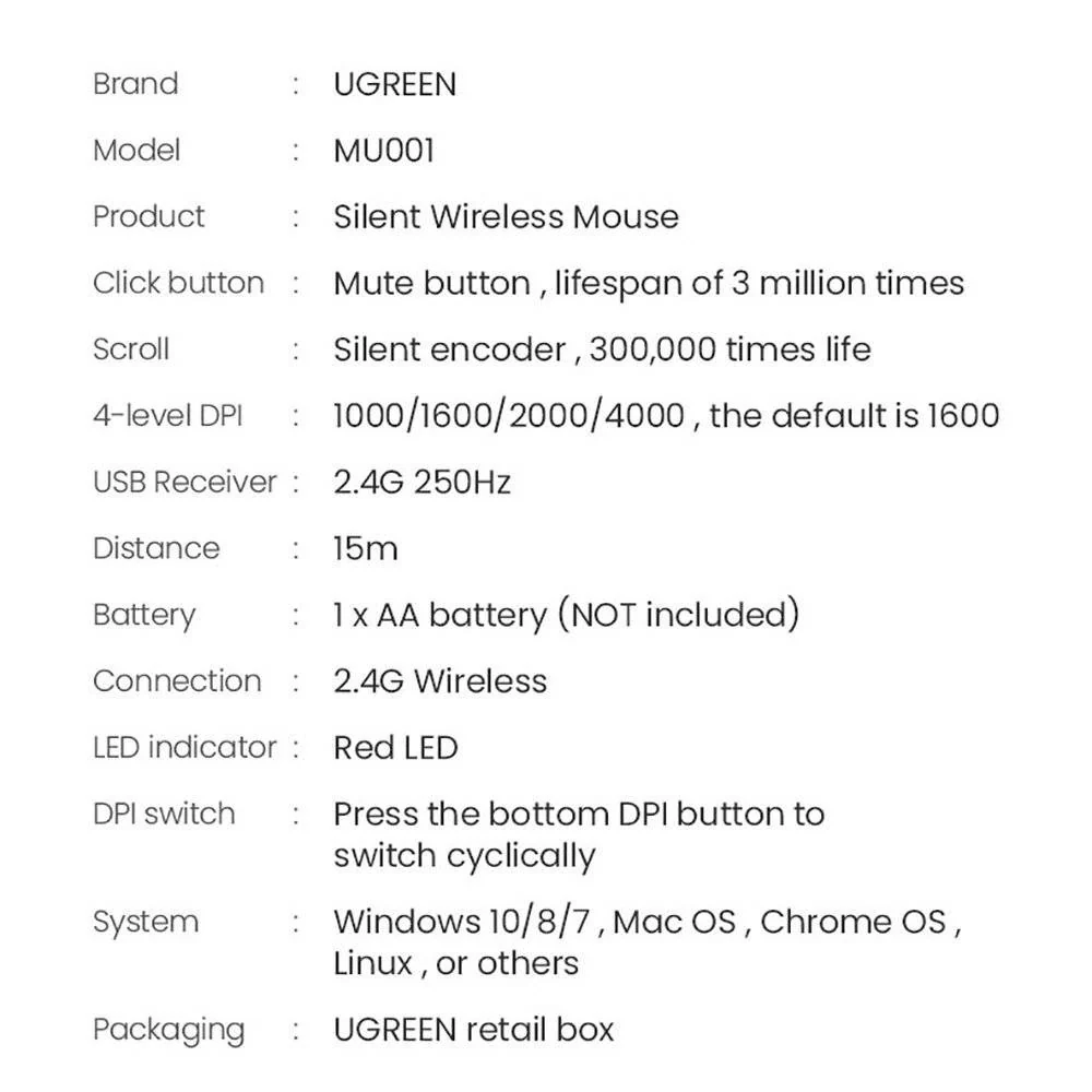 UGREEN MU001 Portable Wireless Mouse 2.4GHZ Ultra Slim (Green) - Image 4