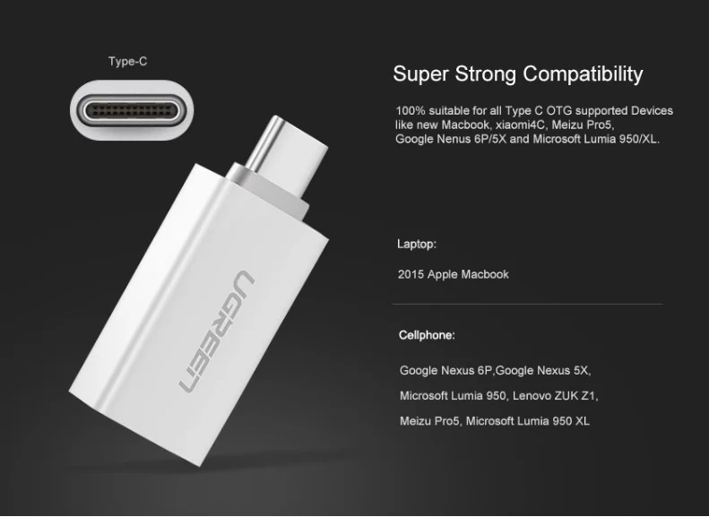 UGREEN US173 Converter Type-C Male to USB 3.0 Female OTG Adapter-White - Image 2